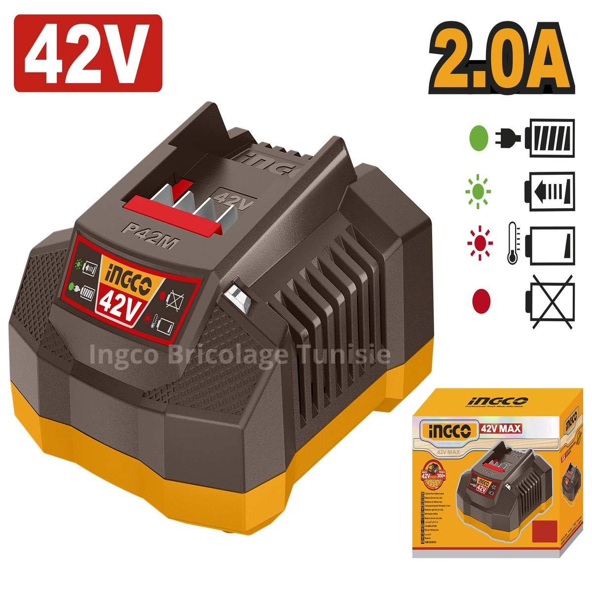 Chargeur de batterie INGCO 42V 2A compact et rapide