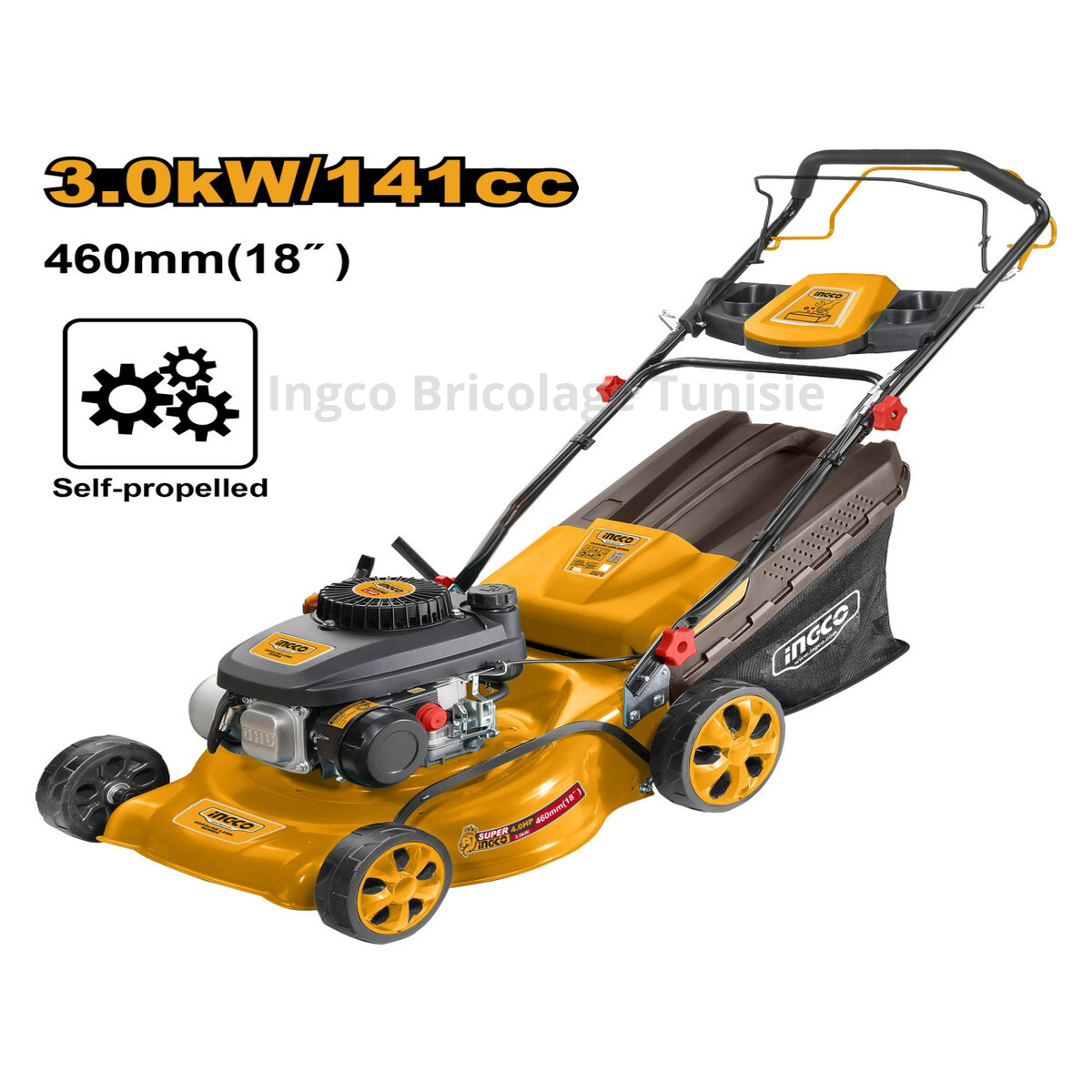 Tondeuse à gazon essence INGCO 141cc avec moteur Zongshen, largeur de coupe 460 mm, bac de 60 L et réglage de hauteur pour entretien de pelouse.