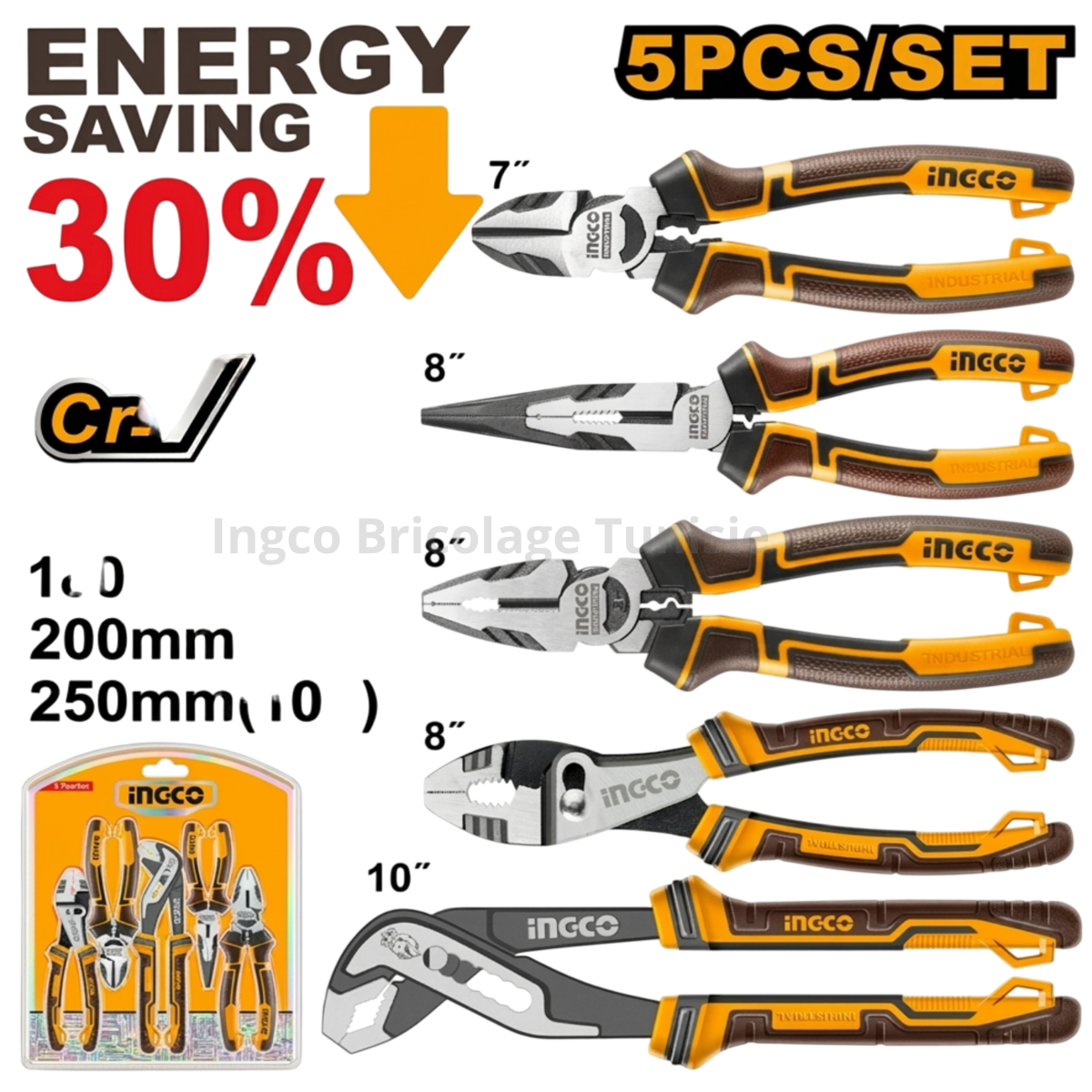 Jeu de 5 pinces INGCO en acier Cr-V avec poignées TPR, comprenant pince universelle, coupante, à bec long et multiprises pour travaux de serrage.