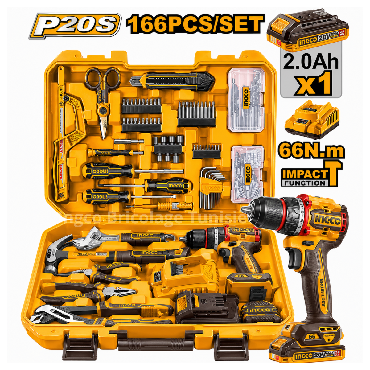 Coffret d’outils Ingco 166 pièces avec perceuse-visseuse à percussion sans fil 20V, batterie 2.0Ah et accessoires complets en mallette.