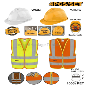 Kit de sécurité 4 pièces avec casques de protection ventilés et gilets réfléchissants haute visibilité EN471 pour chantier et travaux routiers.