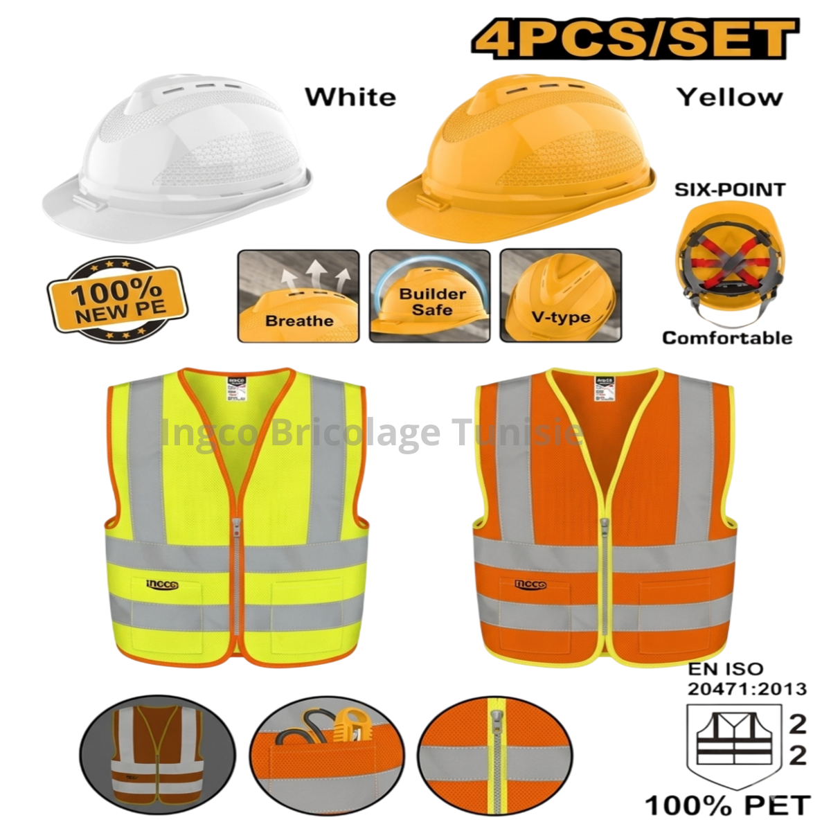 Kit de sécurité 4 pièces avec casques de protection ventilés et gilets réfléchissants haute visibilité EN471 pour chantier et travaux routiers.