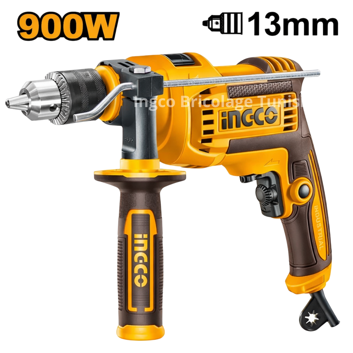 Perceuse à percussion INGCO ID9008 900W avec variateur de vitesse, fonction percussion et rotation inverse pour perçage bois, métal et béton.