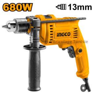 Perceuse à percussion 680W électrique avec vitesse variable 0-3000 tr/min, capacité de perçage 13 mm, fonction marteau et inversion avant/arrière, idéale pour travaux de bricolage et perçage bois, métal et béton.