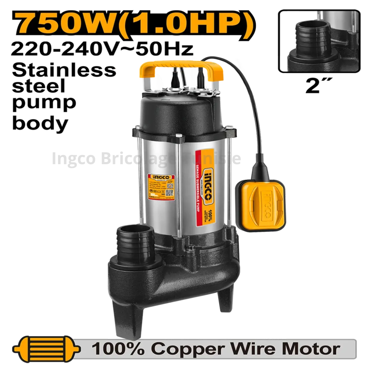 Pompe submersible 750W 1.0HP SPDS75068 pour eaux usées, corps en acier inoxydable, débit 28 m³/h et câble 9 m pour pompage intensif.