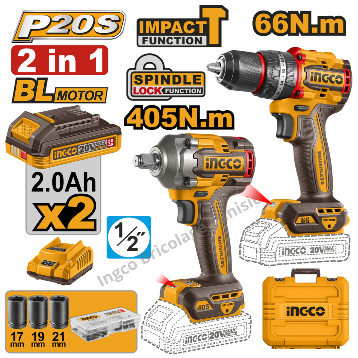 Kit combiné sans fil INGCO CKLI20286 20V avec perceuse à chocs et clé à chocs, batteries et accessoires inclus