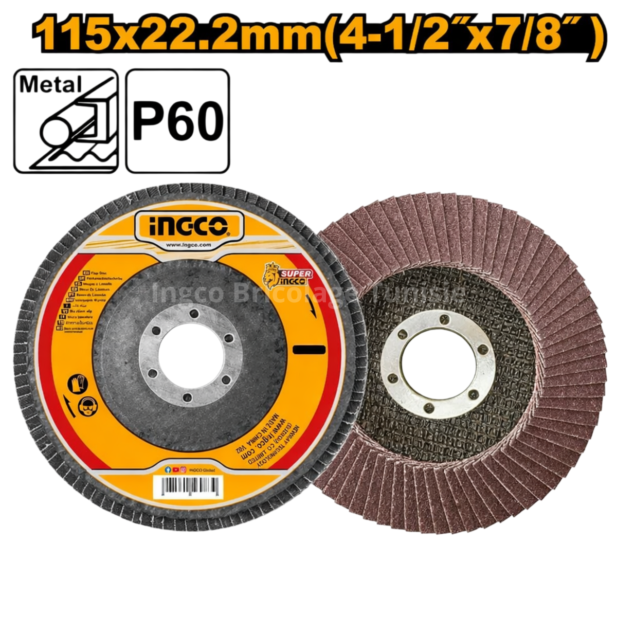 Disque à lamelles abrasives INGCO 115 mm grain P60 pour meulage et finition de surfaces métalliques avec meuleuse d’angle.
