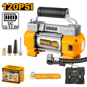Compresseur d'air pour voiture INGCO AAC2508 12 V avec cylindre duplex, pression maximale de 120 PSI, lampe intégrée et accessoires de gonflage.