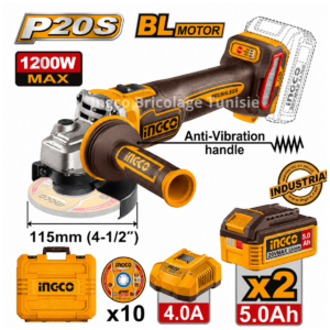 Meuleuse d’angle sans fil INGCO CAGLI2120252 20 V avec moteur sans balais 1200 W, disque 115 mm, batteries 5,0 Ah et accessoires pour découpe métal.