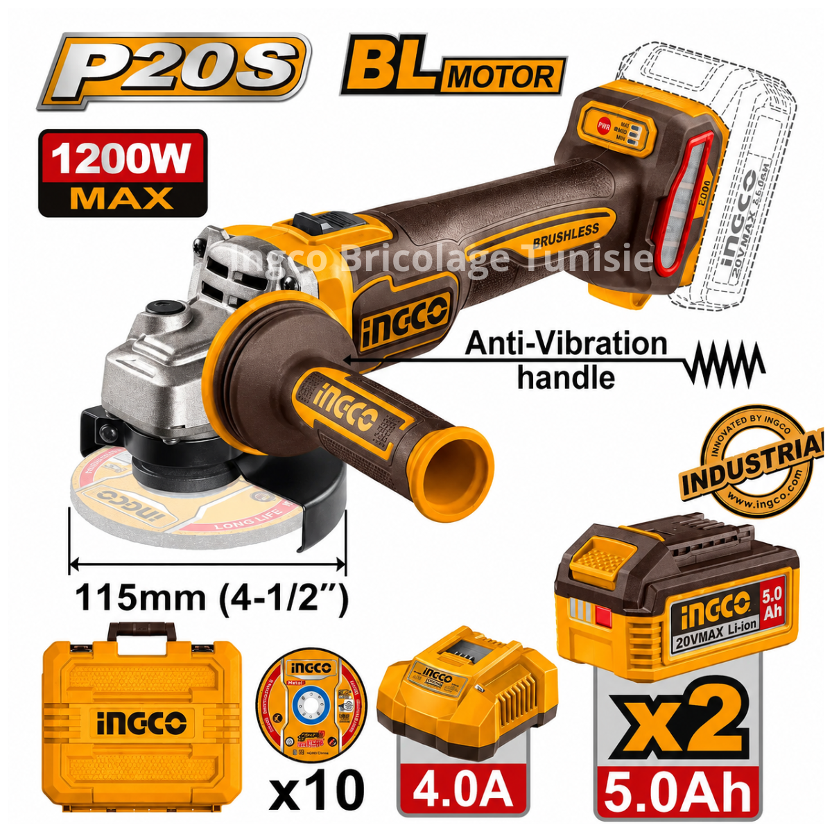 Meuleuse d’angle sans fil INGCO CAGLI2120252 20 V avec moteur sans balais 1200 W, disque 115 mm, batteries 5,0 Ah et accessoires pour découpe métal.