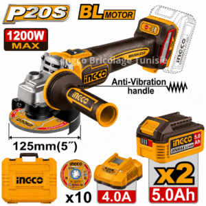 Meuleuse d'angle sans fil Ingco 20 V lithium-ion 125 mm, kit CAGLI2120272