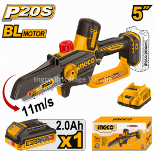 Tronçonneuse sans fil INGCO CGSLI20561 20V Brushless avec guide de 5 pouces, batterie 2.0Ah et système de lubrification automatique.