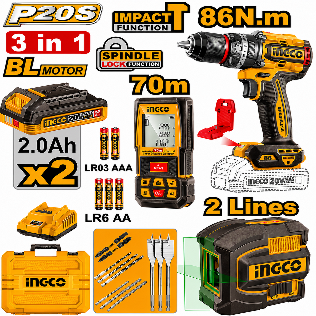 Combo kit 3en1 INGCO COSLI251001 avec perceuse sans balais, laser vert autonivelant et télémètre laser pour travaux professionnels.