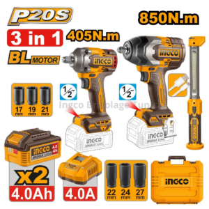 Pack clé à chocs sans fil Ingco COSLI251085 avec deux clés à chocs puissantes et lampe LED 20V pour usage professionnel