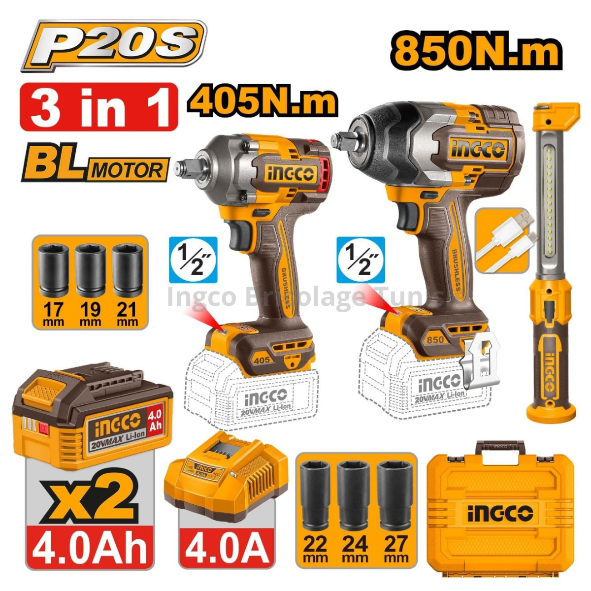 Pack clé à chocs sans fil Ingco COSLI251085 avec deux clés à chocs puissantes et lampe LED 20V pour usage professionnel