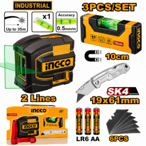 Coffret d’outils INGCO COSLL251002 avec laser vert autonivelant, niveau manuel magnétique et couteau pliant pour travaux de mesure et de découpe.