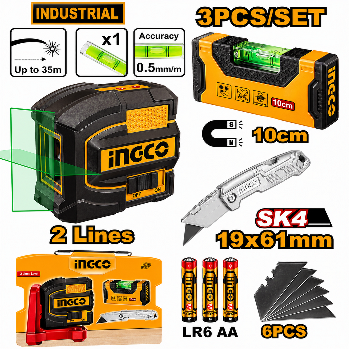 Coffret d’outils INGCO COSLL251002 avec laser vert autonivelant, niveau manuel magnétique et couteau pliant pour travaux de mesure et de découpe.