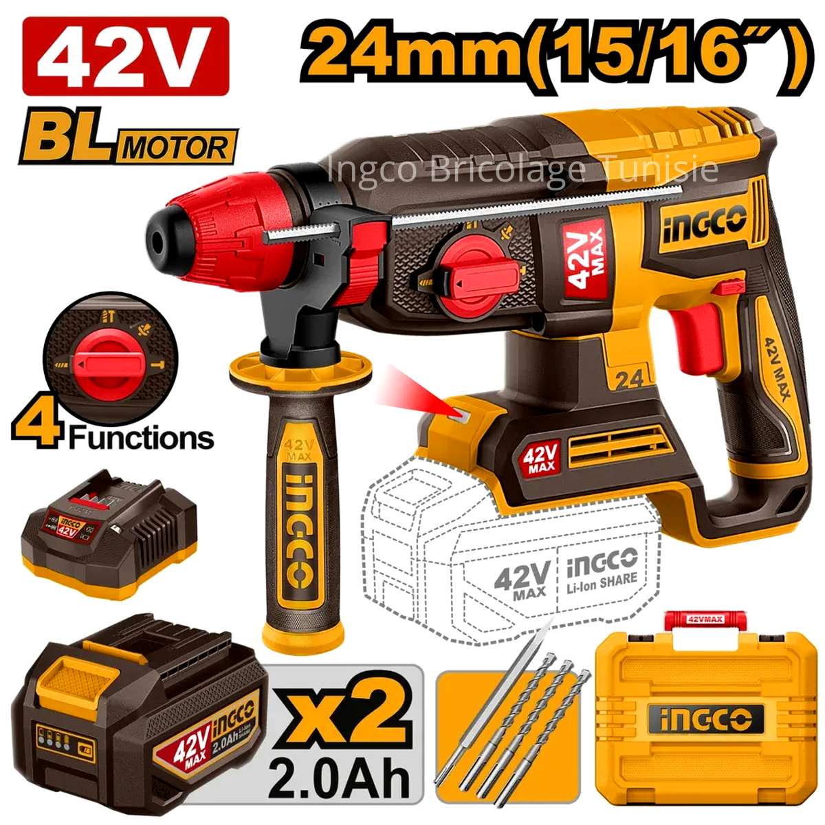 Marteau perforateur sans fil INGCO 42V brushless SDS Plus avec éclairage LED