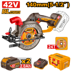 Scie circulaire sans fil INGCO CSLI4214012 42V avec moteur sans balais, lame de 140 mm et batteries rechargeables pour des coupes précises du bois.
