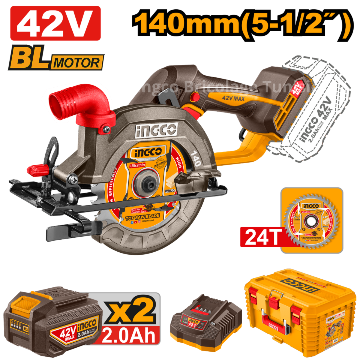Scie circulaire sans fil INGCO CSLI4214012 42V avec moteur sans balais, lame de 140 mm et batteries rechargeables pour des coupes précises du bois.