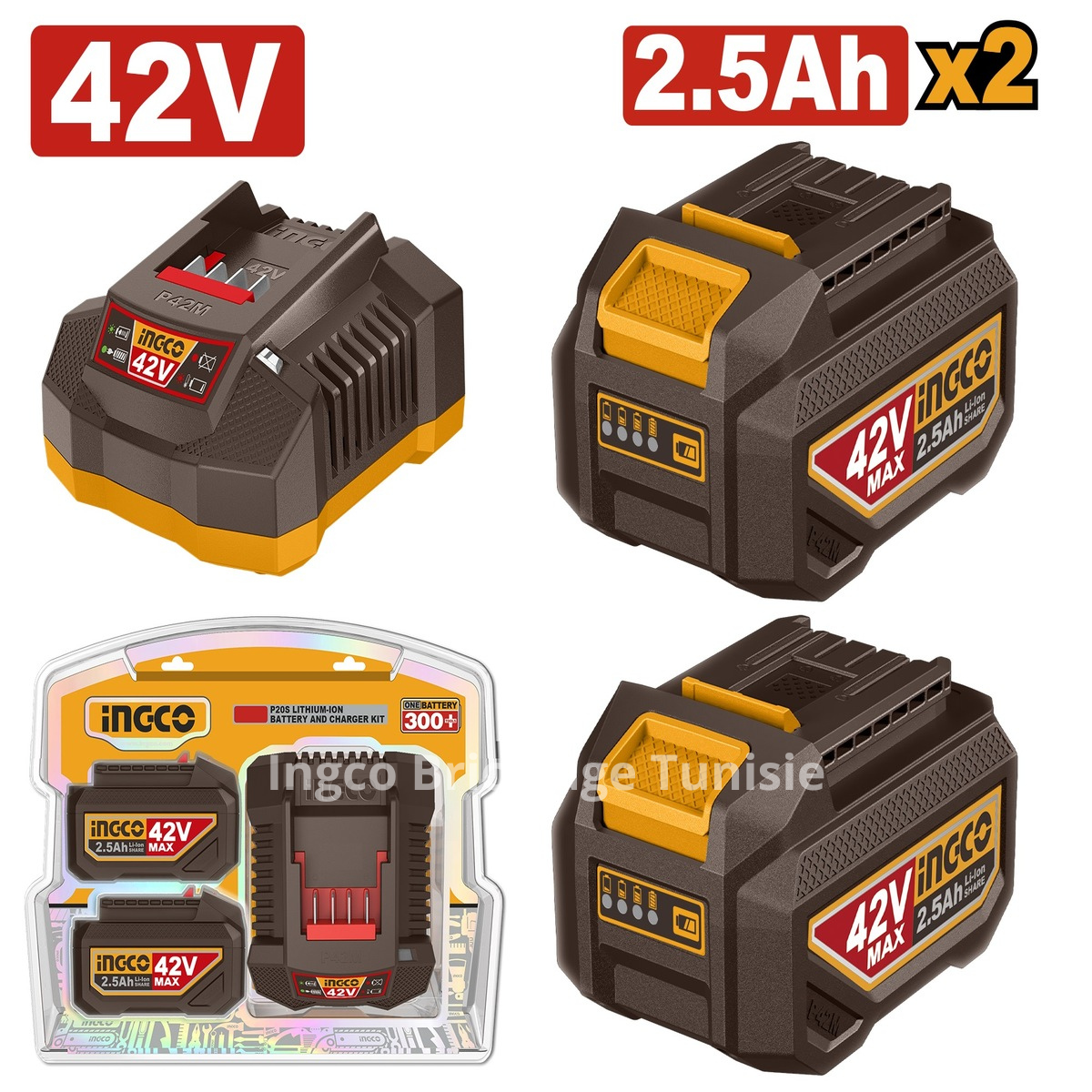 Kit batterie INGCO 42V FBCPM25221 avec 2 batteries lithium-ion 2,5 Ah et chargeur pour outils sans fil P42M.