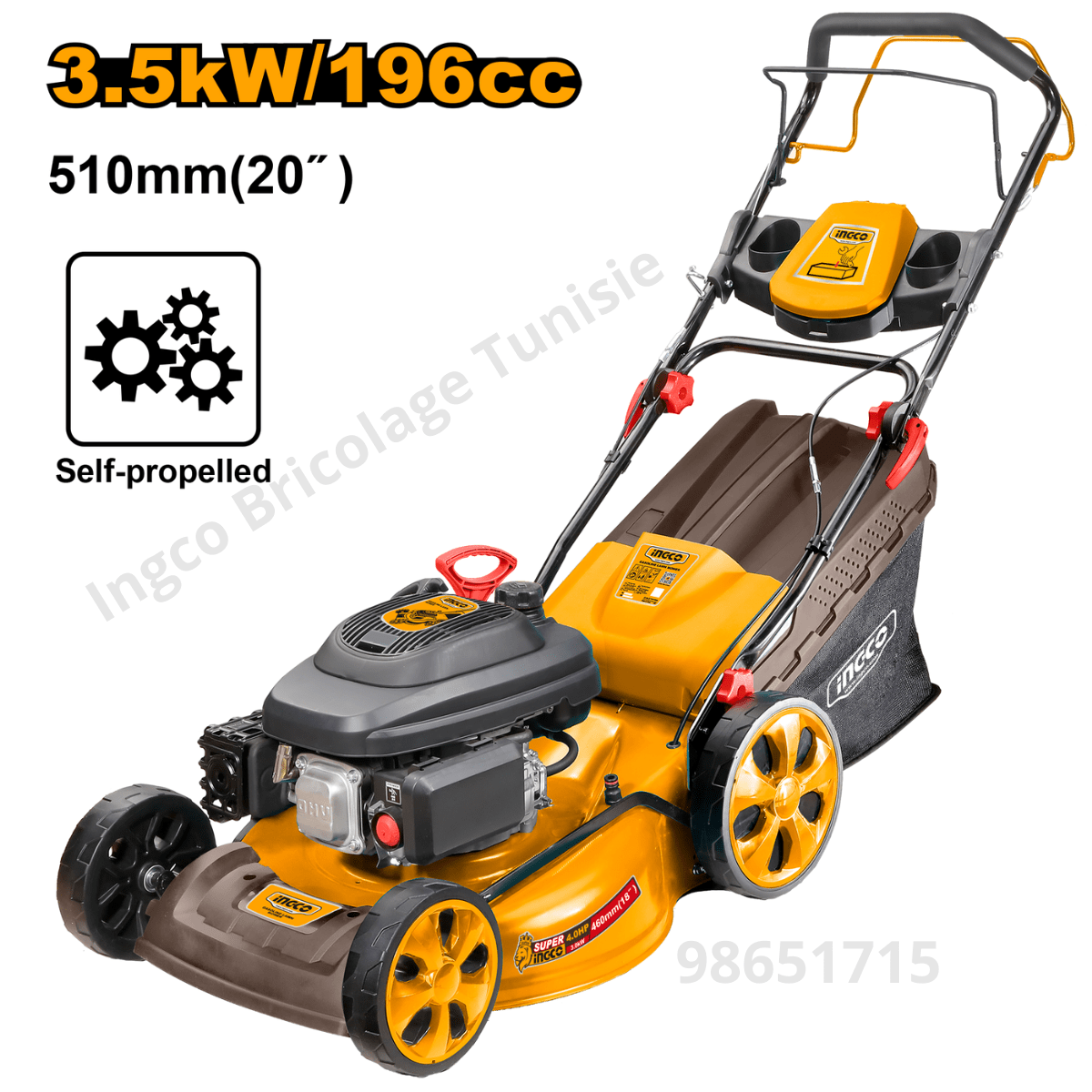 Tondeuse à gazon essence Ingco GLM196202 196 cm³ autotractée avec moteur Zongshen, coupe 510 mm et bac 60 L