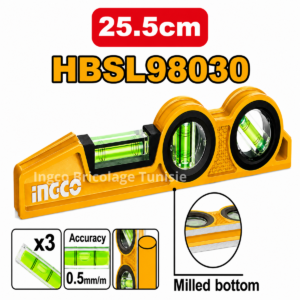 Niveau magnétique INGCO HBSL98030 de 25,5 cm avec 3 fioles haute visibilité et base usinée pour des mesures précises.