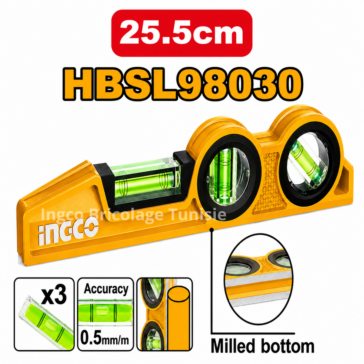 Niveau magnétique INGCO HBSL98030 de 25,5 cm avec 3 fioles haute visibilité et base usinée pour des mesures précises.