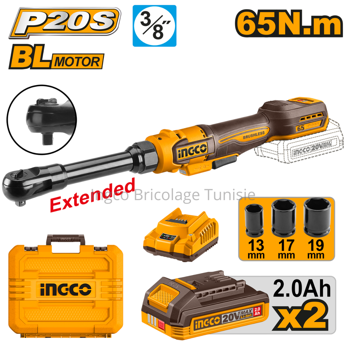 Clé à cliquet allongée sans fil INGCO CDRLI2065292 20V avec col de 170 mm, couple de 65 Nm, éclairage LED et deux batteries incluses.