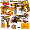 Kit combiné sans fil INGCO CKLI202598 comprenant une perceuse-visseuse à percussion, une meuleuse d’angle et un marteau perforateur Brushless 20V avec 2 batteries 4.0Ah et accessoires.