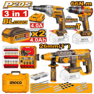 Kit combiné sans fil INGCO 20V COSLI250591 avec perceuse à percussion Brushless, tournevis à cloisons sèches, marteau perforateur SDS Plus, 2 batteries 4Ah et 47 accessoires.