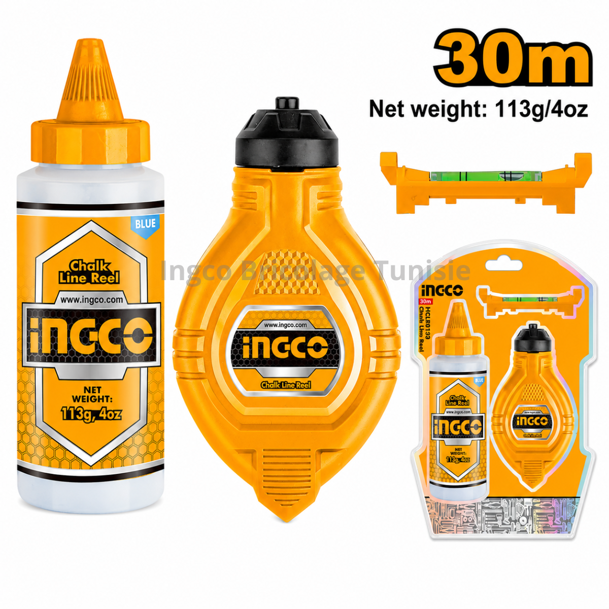 Cordeau traceur professionnel INGCO HCLR0130 de 30 mètres avec rembobinage rapide et fil haute absorption pour travaux de maçonnerie et de charpente.