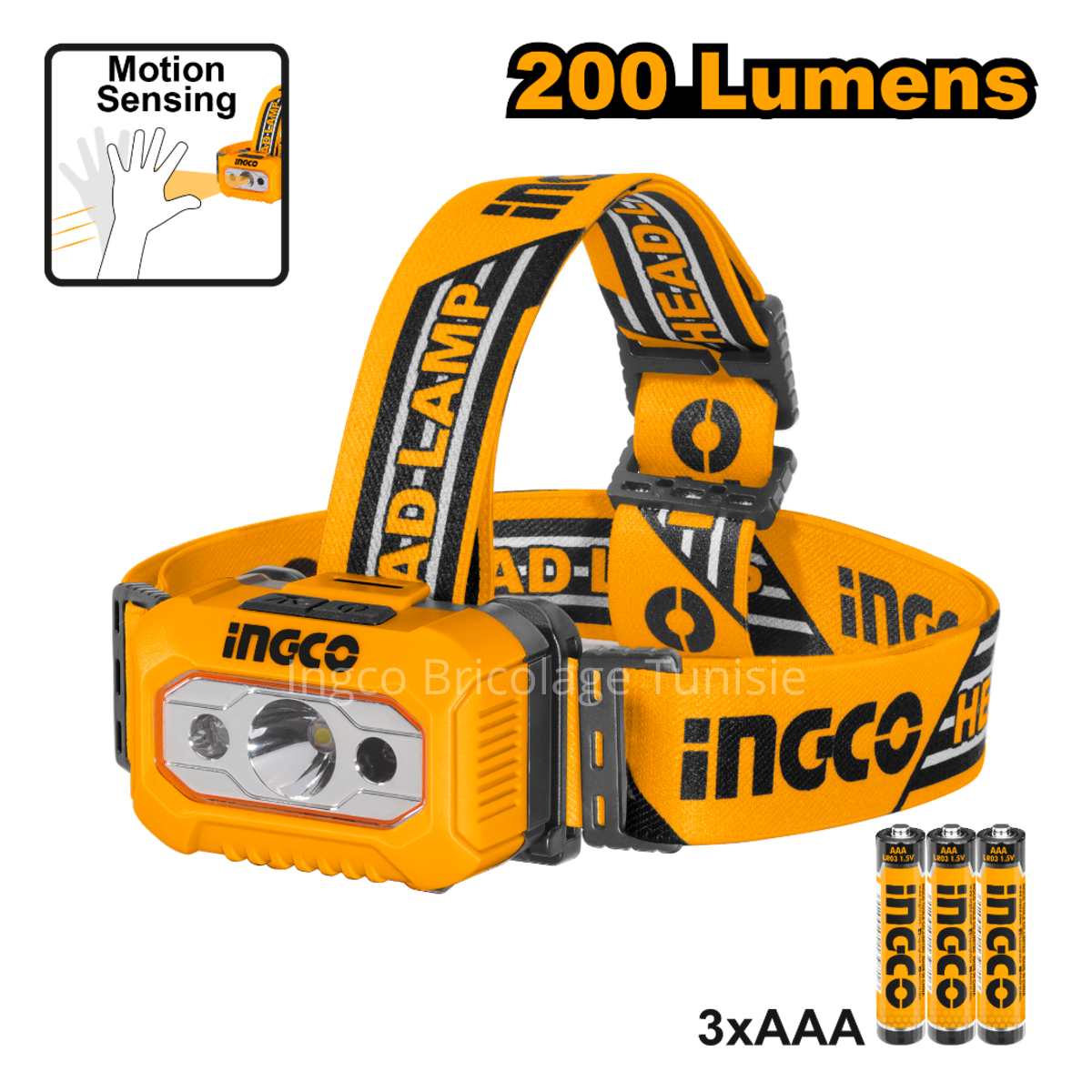 Lampe frontale LED INGCO HHL013AAA8 de 200 lumens avec portée de 91 m et protection IPX4 résistante à la pluie.