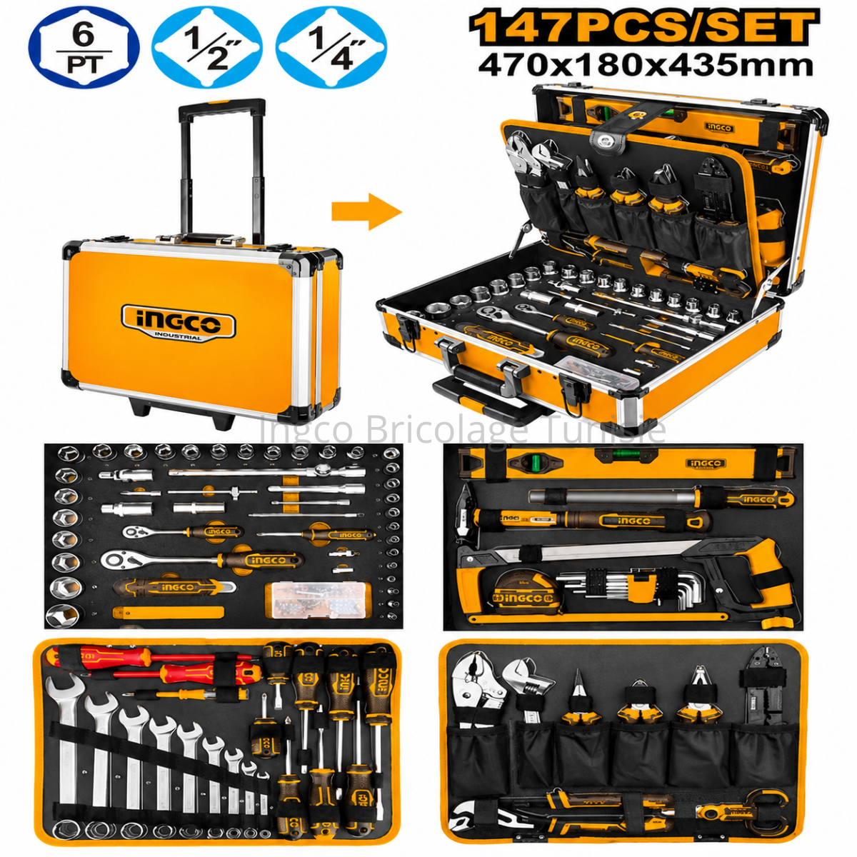 Coffret d’outils à main INGCO HKTHP21471 de 147 pièces avec cliquets, douilles, tournevis, clés mixtes, pinces et coffret de rangement en aluminium.