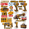 Kit 5 pièces sans fil INGCO CKLI20595 comprenant une perceuse à percussion Brushless, une clé à chocs, une meuleuse d'angle, un marteau perforateur et une lampe de travail 20V.