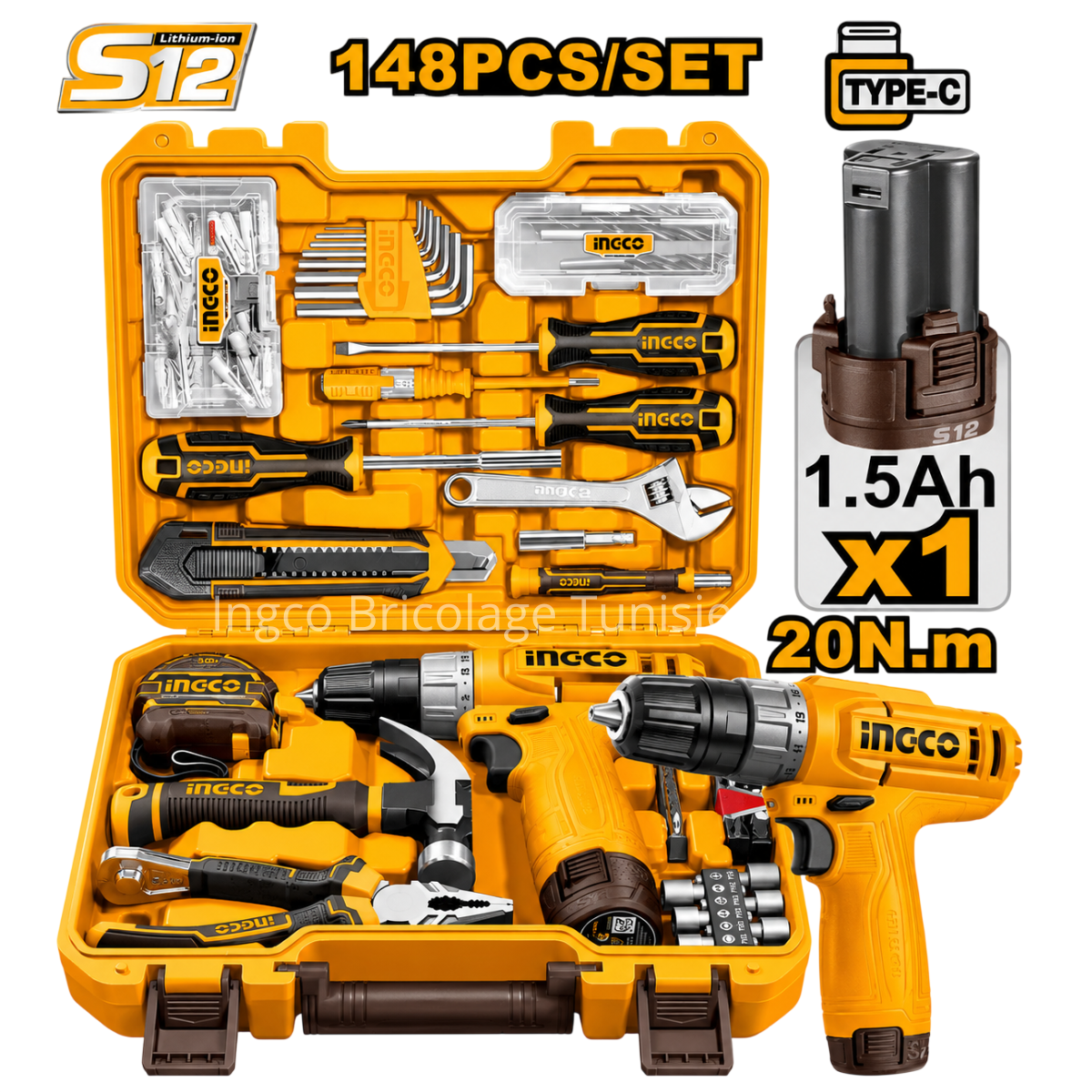 Caisse à outils INGCO HKTHP41482 de 148 pièces avec accessoires de perçage et de vissage dans un coffret robuste.