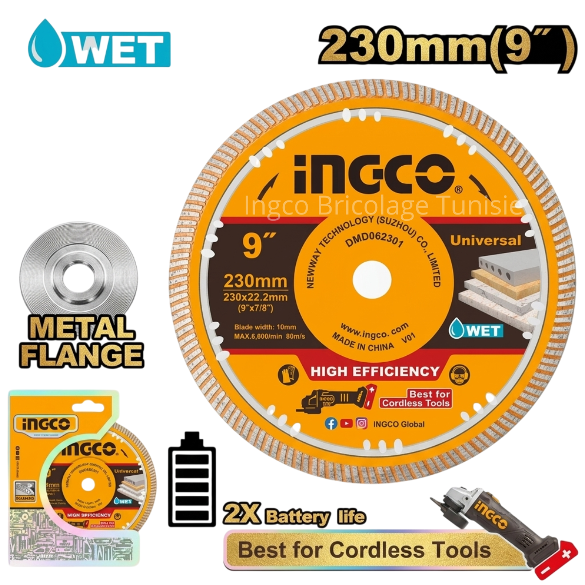 Disque diamant INGCO DMD062301 230 mm pour la coupe du béton, granit, marbre et brique avec segment diamanté haute performance.