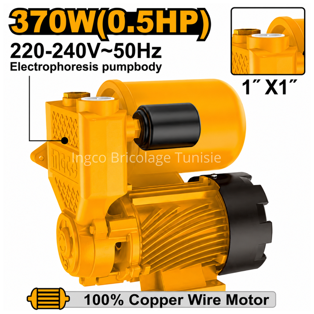 Pompe à eau automatique INGCO VPA37068 0,5 HP avec moteur cuivre, turbine en laiton, pressostat et réservoir sous pression 2 L.