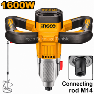 Malaxeur électrique INGCO MX516006 1600W avec double poignée ergonomique et socle mélangeur M14 pour mortier, colle, peinture et enduit.