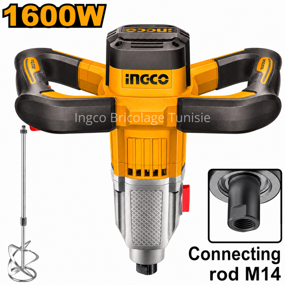 Malaxeur électrique INGCO MX516006 1600W avec double poignée ergonomique et socle mélangeur M14 pour mortier, colle, peinture et enduit.