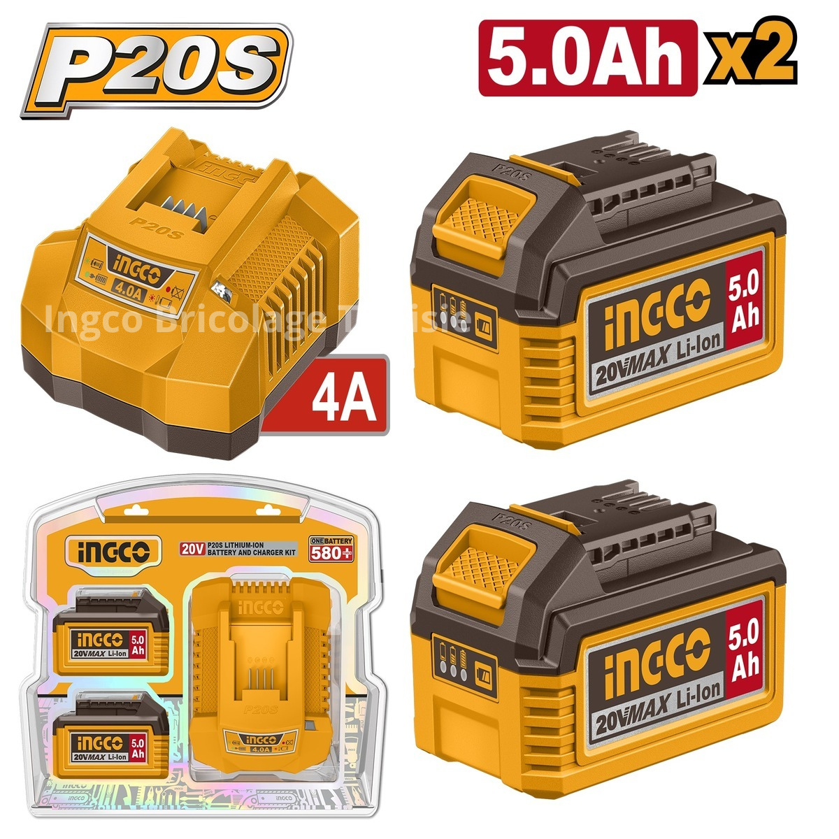 Ensemble INGCO FBCPK2513 avec 2 batteries lithium-ion 20V 5,0 Ah et chargeur rapide intelligent 4A compatible outils P20S.