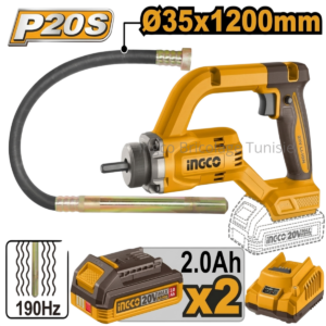 Vibrateur à béton sans fil INGCO CCVLI2025021 20V avec tête vibrante de 35 mm, arbre flexible de 1,2 m, deux batteries 2,0 Ah et chargeur inclus.