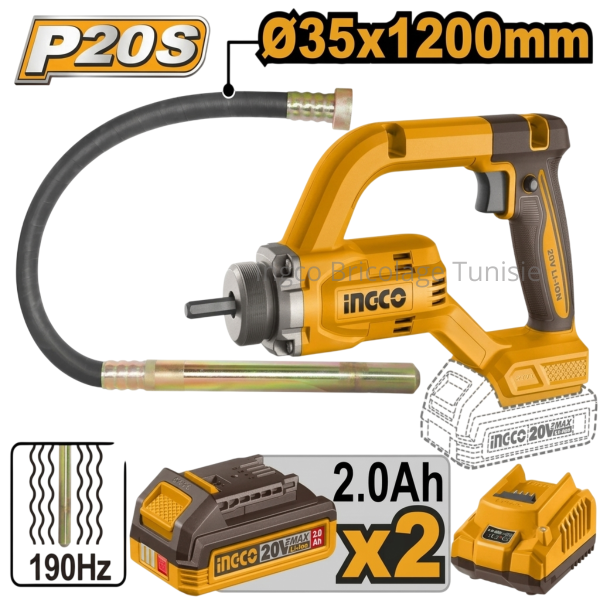 Vibrateur à béton sans fil INGCO CCVLI2025021 20V avec tête vibrante de 35 mm, arbre flexible de 1,2 m, deux batteries 2,0 Ah et chargeur inclus.