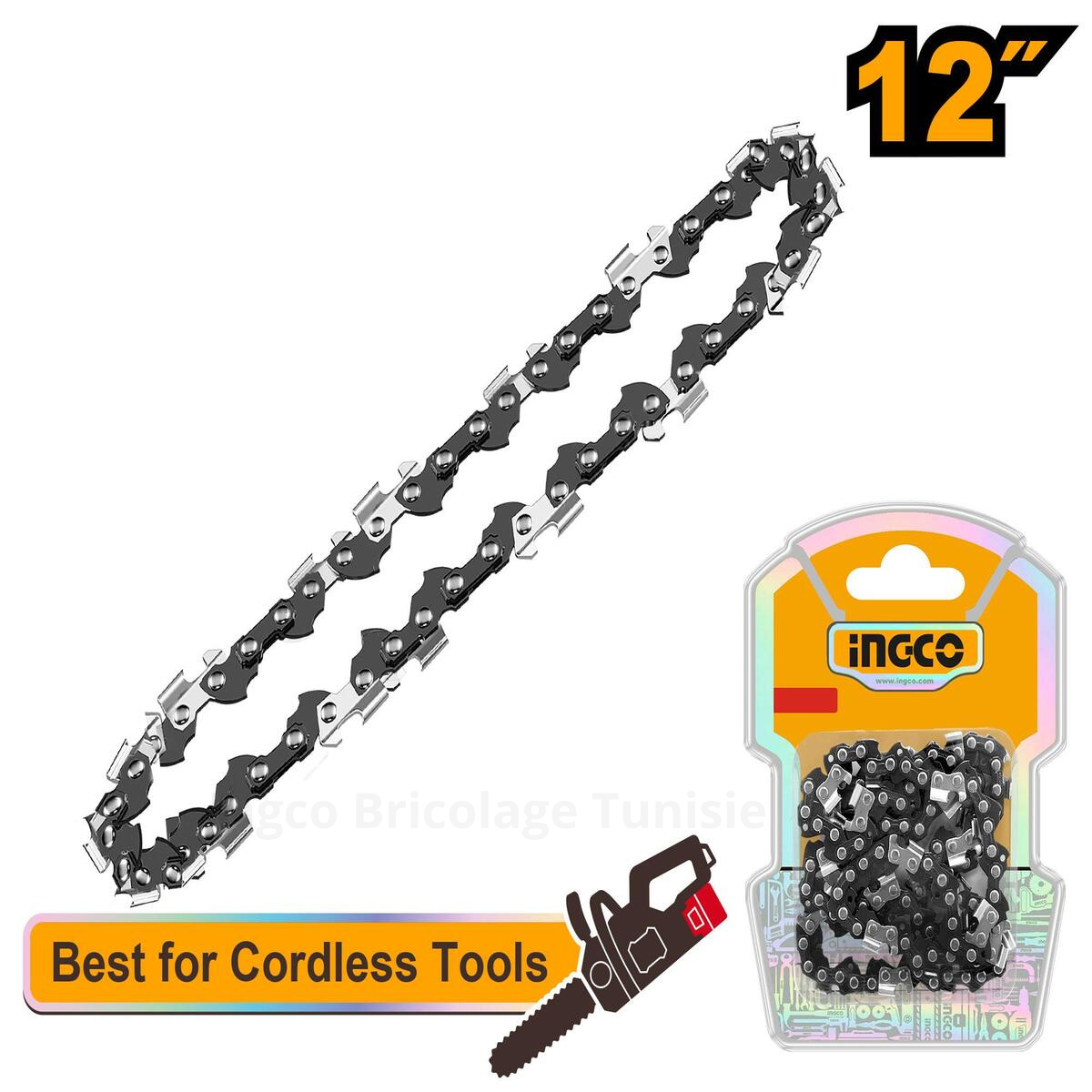 Chaîne de scie 12 pouces INGCO AGSC51218 avec 45 maillons, compatible avec les tronçonneuses sans fil INGCO.