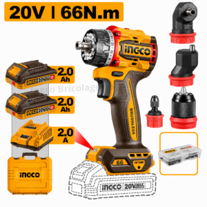 Perceuse-visseuse sans fil multi-embouts INGCO CDLI206686 Brushless 20V avec 4 têtes interchangeables, 2 batteries et 47 accessoires.