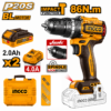 Visseuse-perceuse à percussion INGCO CIDLI208688 20V Brushless 86 N.m avec mandrin métallique Jacobs, 2 batteries 2 Ah et coffret.