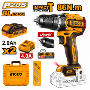 Visseuse-perceuse à percussion INGCO CIDLI208688 20V Brushless 86 N.m avec mandrin métallique Jacobs, 2 batteries 2 Ah et coffret.