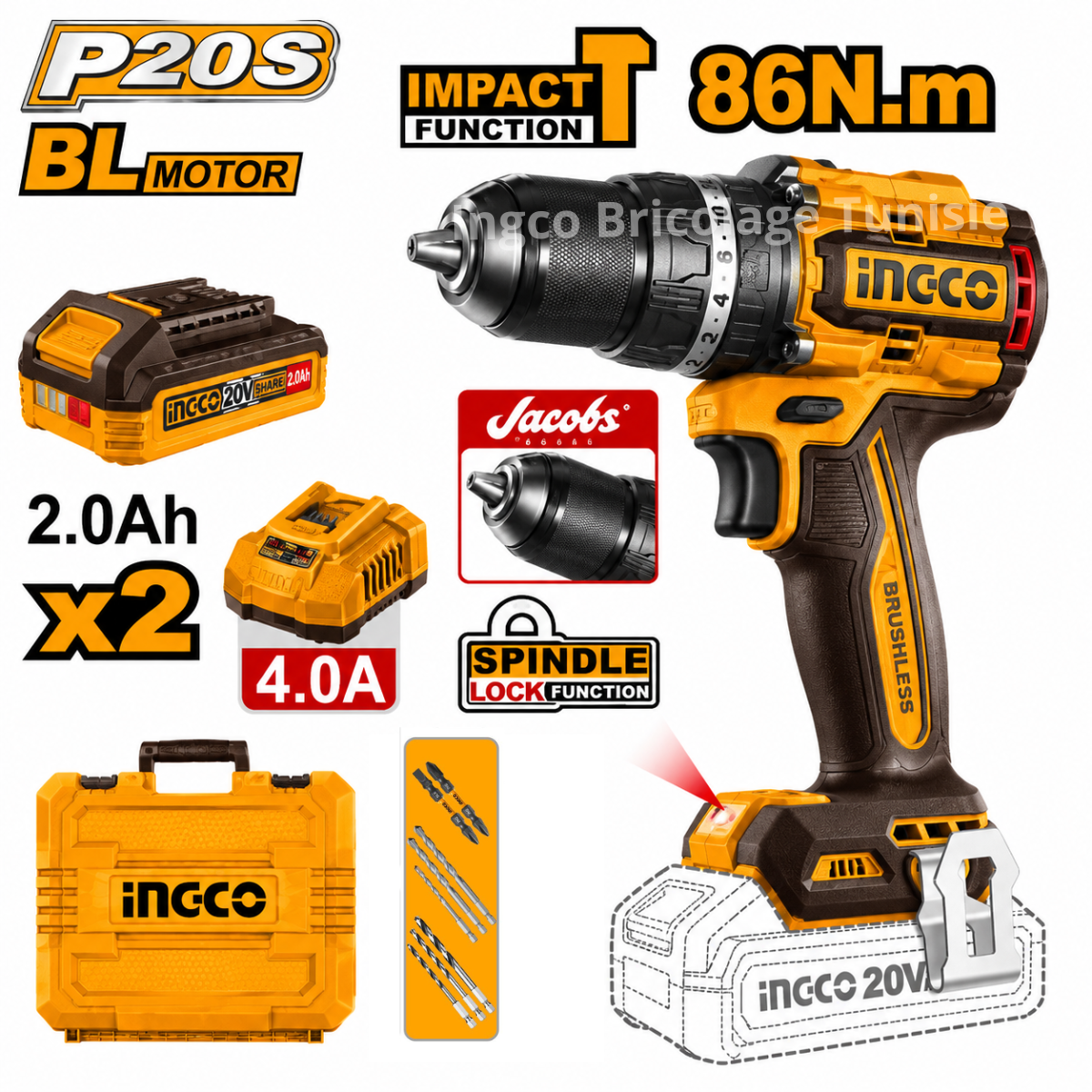 Visseuse-perceuse à percussion INGCO CIDLI208688 20V Brushless 86 N.m avec mandrin métallique Jacobs, 2 batteries 2 Ah et coffret.