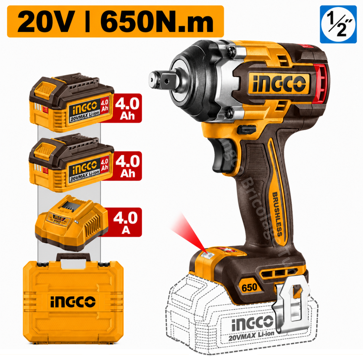 Clé à chocs sans fil INGCO CIWLI2065 20V Brushless 650 Nm avec deux batteries 4 Ah, chargeur et mallette.