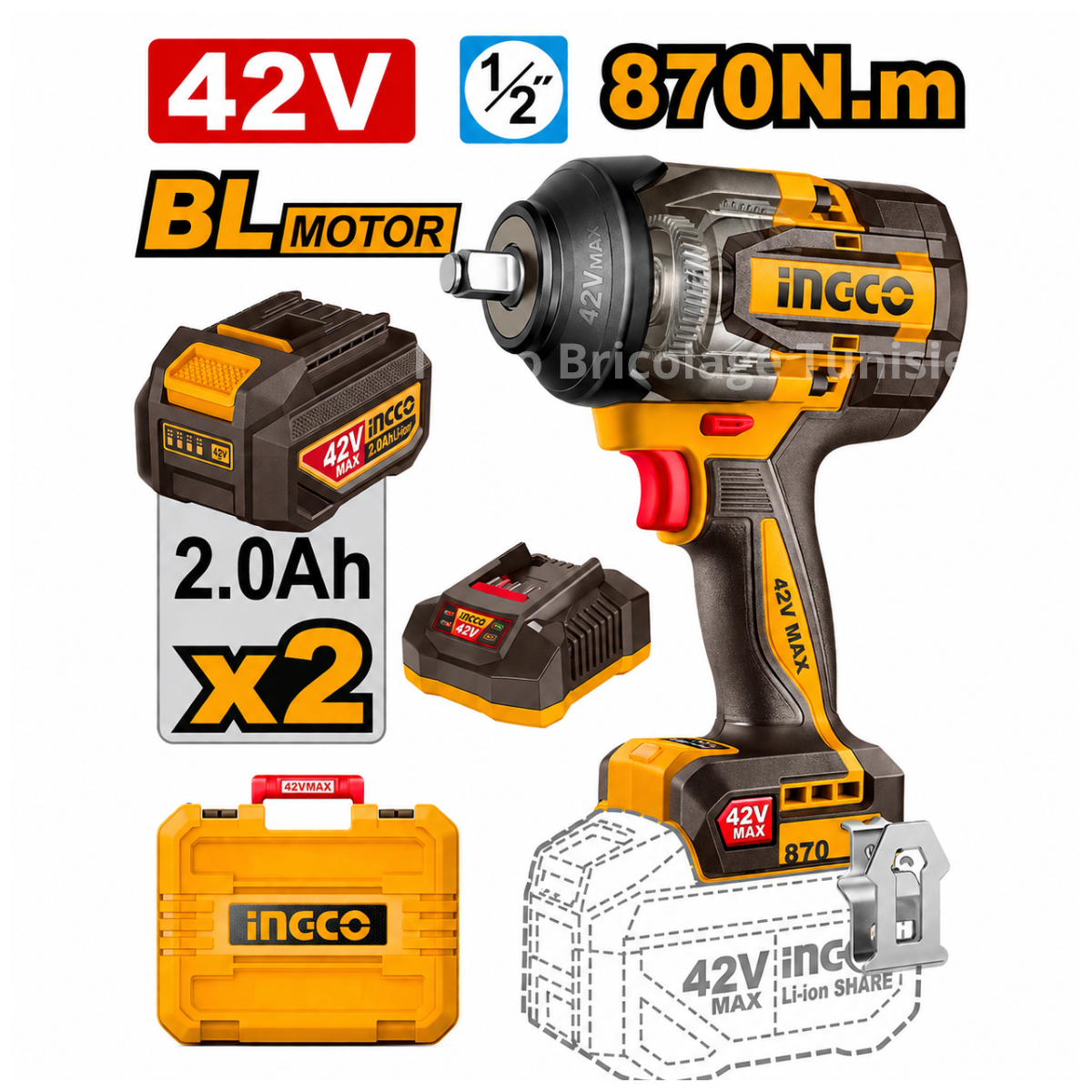 Clé à chocs sans fil INGCO CIWLI42862 42V Brushless 870 N.m avec deux batteries 2.0Ah, chargeur et coffret.